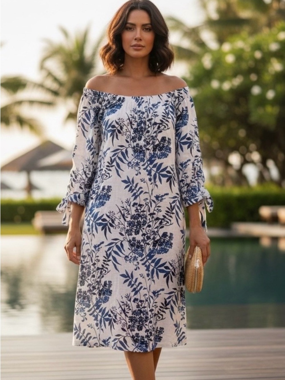 Valentina Naldi 100% Linen Floral Dress Made in ITALY White Blue MED